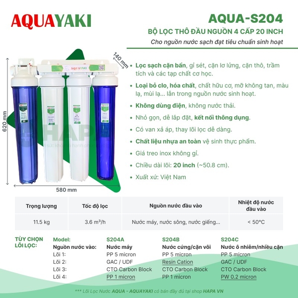 Bộ Lọc Thô 4 Cốc AQUAYAKI AQUA-S204 Series 20 inch Lọc Nước Đầu Nguồn cho Gia đình, Nhà hàng, Quán cà phê