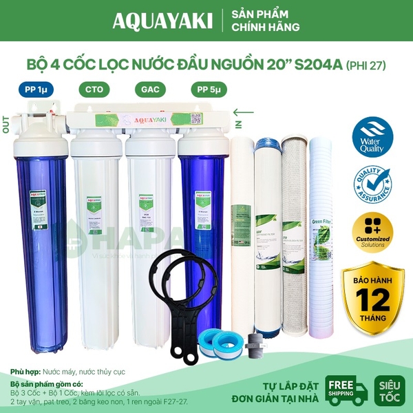 Bộ Lọc Thô 4 Cốc AQUAYAKI AQUA-S204 Series 20 inch Lọc Nước Đầu Nguồn cho Gia đình, Nhà hàng, Quán cà phê