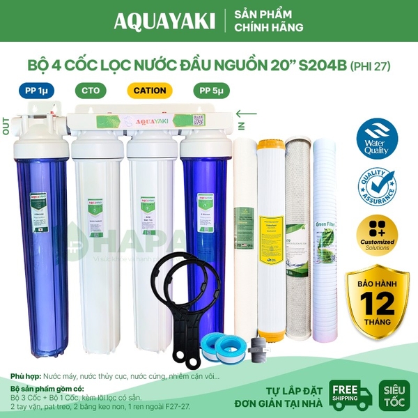 Bộ Lọc Thô 4 Cốc AQUAYAKI AQUA-S204 Series 20 inch Lọc Nước Đầu Nguồn cho Gia đình, Nhà hàng, Quán cà phê