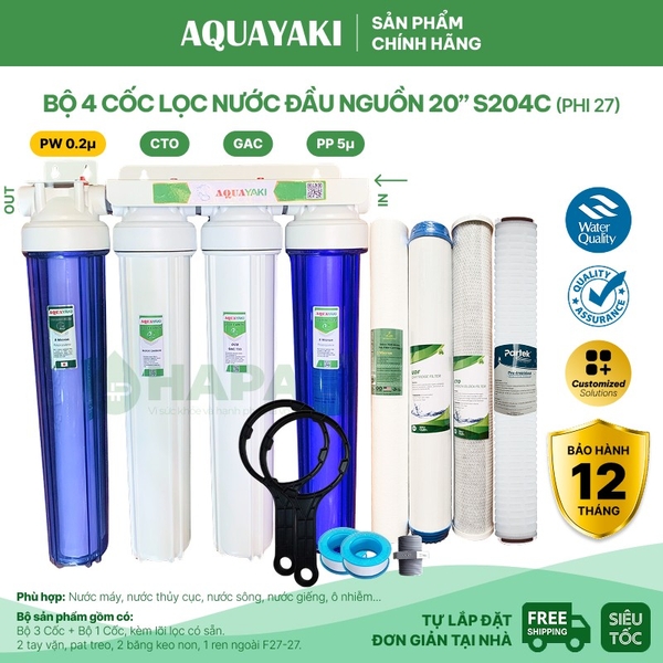 Bộ Lọc Thô 4 Cốc AQUAYAKI AQUA-S204 Series 20 inch Lọc Nước Đầu Nguồn cho Gia đình, Nhà hàng, Quán cà phê