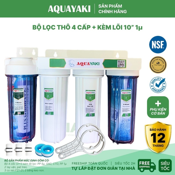 Bộ Lọc Thô 3 Cốc AQUAYAKI 10 inch - Lọc Nước Sinh Hoạt, Đầu Nguồn - Hàng Chính Hãng