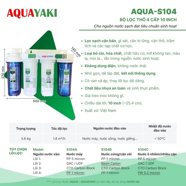 Bộ Lọc Thô 4 Cốc AQUAYAKI AQUA-S104 Series 10 inch Lọc Nước Đầu Nguồn cho Gia đình, Nhà hàng, Quán cà phê