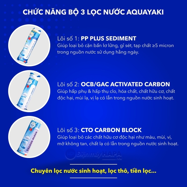 Bộ Lọc Thô 3 Cốc AQUAYAKI 10 inch - Lọc Nước Sinh Hoạt, Đầu Nguồn