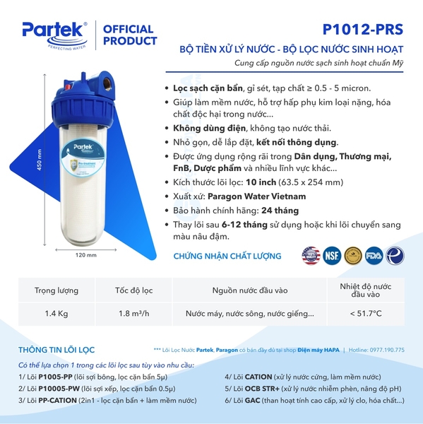 Bộ Lọc Thô PARTEK P1012-PRS 10 inch Cao Cấp USA Quality - Tùy Chọn Lõi Lọc
