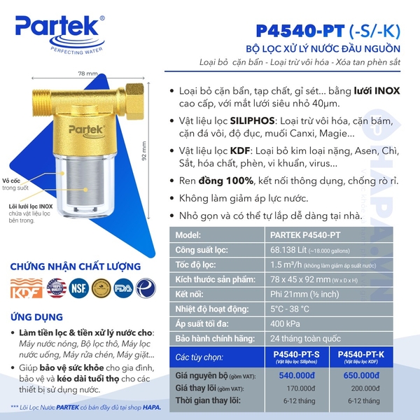 Bộ Tiền Xử Lý Nước PARTEK P4540-PT-S (Siliphos) Loại Bỏ Cặn Vôi, Canxi cao cấp