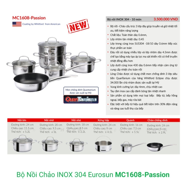 Bộ Nồi Chảo EUROSUN MC1608-Passion Cao Cấp 10 Món, INOX SUS304 3 Lớp