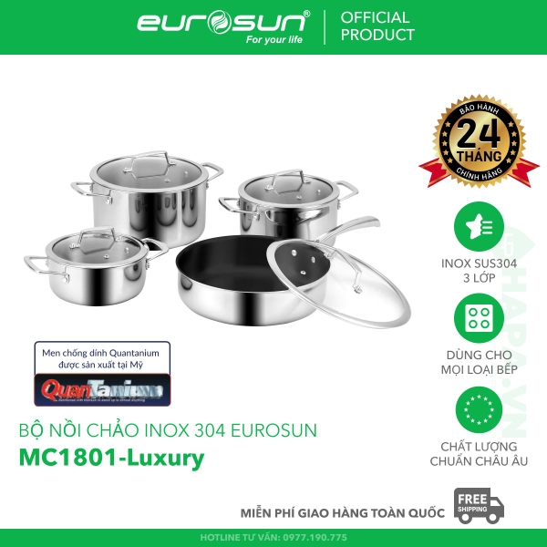 Bộ Nồi Chảo EUROSUN MC1801-Luxury Cao Cấp 8 Món, INOX SUS304 3 Lớp