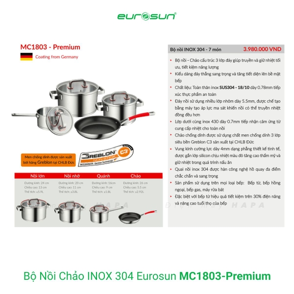 Bộ Nồi Chảo EUROSUN MC1803-Premium Cao Cấp 7 Món, INOX SUS304 3 Lớp