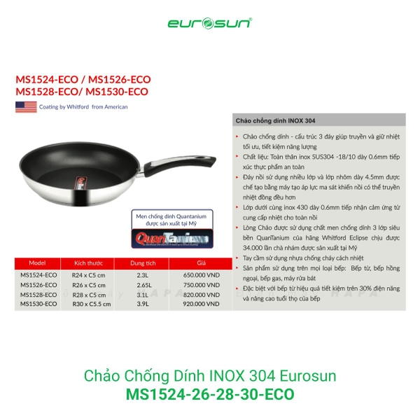 Chảo Chống Dính EUROSUN MS1524-ECO, MS1526-ECO, MS1528-ECO, MS1530-ECO