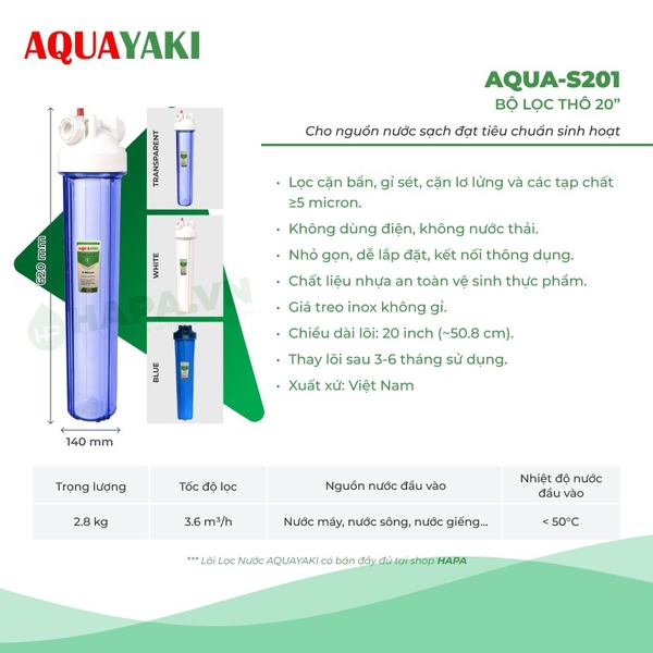 Bộ Lọc Thô 1 Cốc AQUAYAKI 20 inch - Xử lý cặn bẩn nước đầu vào, Bảo vệ lọc tinh, Hàng Chính Hãng