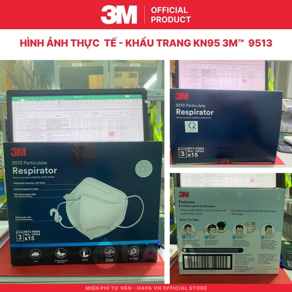 Khẩu Trang 3M KN95 9513 (Hộp 45 cái) - Chính hãng 3M Singapore