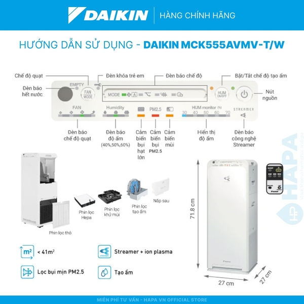 Máy Lọc Không Khí Tạo Ẩm DAIKIN MCK555AVMV-T Diện tích dưới 41m²
