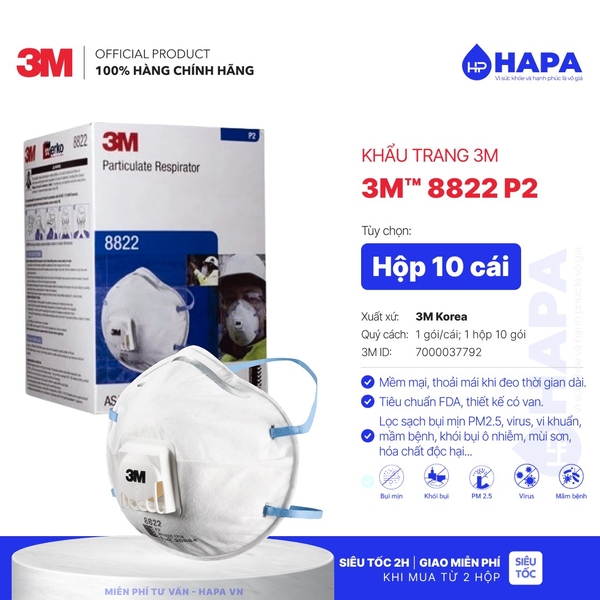 Khẩu Trang 3M 8822 P2 Tiêu Chuẩn Có Van Cool Flow™ - Hàng Chính Hãng 3M