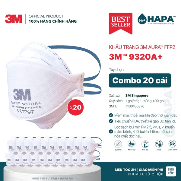 Khẩu Trang 3M™ 9320A+ Aura™ Cao Cấp Chuẩn FFP2 Châu Âu