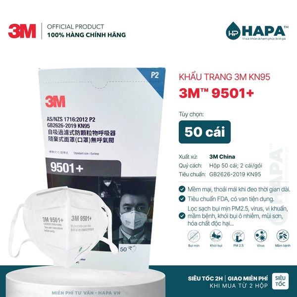 Khẩu Trang 3M™ 9501+ Cao Cấp Tiêu Chuẩn KN95 - Hàng Chính Hãng 3M
