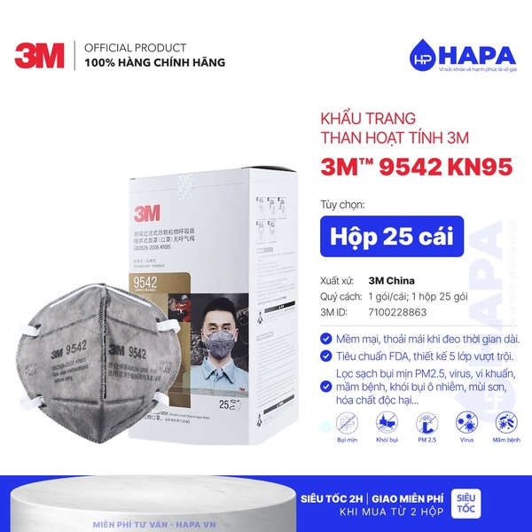 Khẩu Trang 3M 9542 KN95 Than Hoạt Tính Lọc Khí Độc - Chính Hãng 3M