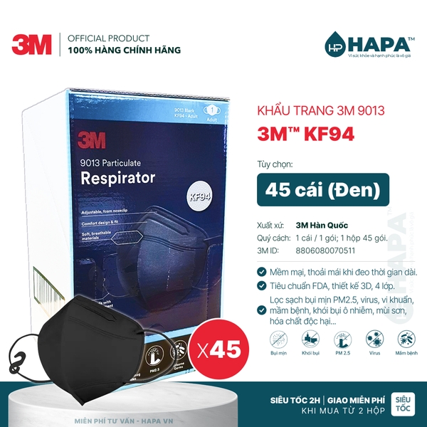Khẩu Trang 3M™ KF94 9013 Cao Cấp Chống Bụi Mịn 2.5PM, 3D Mask - Nhập Hàn Quốc, Hàng Chính Hãng