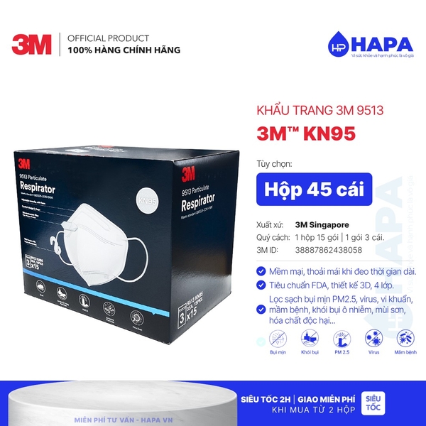 Khẩu Trang 3M KN95 9513 (Hộp 45 cái) - Chính hãng 3M Singapore