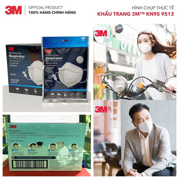 Khẩu Trang 3M KN95 9513 (Hộp 45 cái) - Chính hãng 3M Singapore