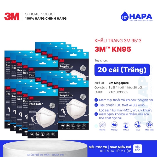Khẩu Trang 3M KN95 9513 (Hộp 20 cái) - Chính hãng 3M Singapore