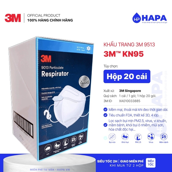 Khẩu Trang 3M KN95 9513 (Hộp 20 cái) - Chính hãng 3M Singapore