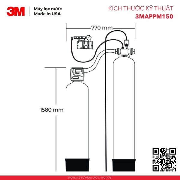 Kích thước kỹ thuật của Hệ Thống Làm Mềm Nước 3M WTS150, Nhập khẩu Mỹ - Hàng Chính Hãng 3M