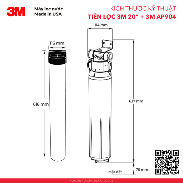 Kích thước kỹ thuật Máy Lọc Nước Tổng Đầu Nguồn 3M AP904 + Lọc Thô 3M 20 inch