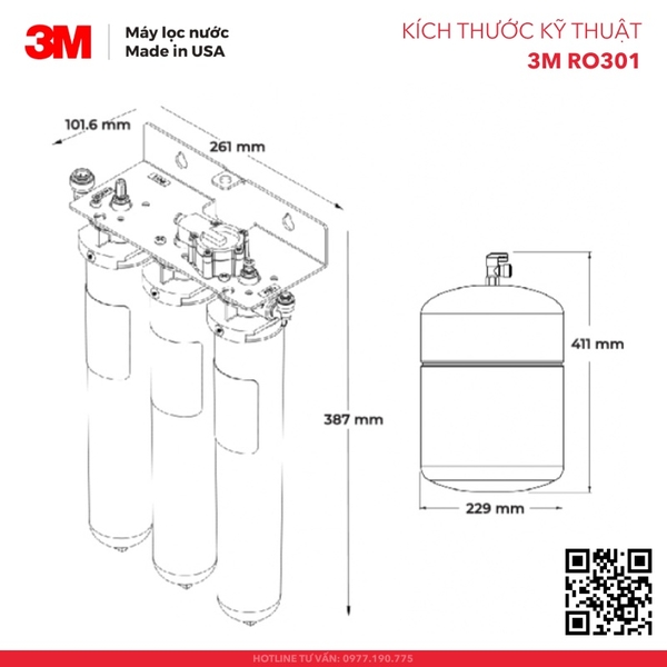 Kích thước kỹ thuật Máy Lọc Nước Mỹ 3M RO301 Lắp Dưới Bồn Rửa - R.O 3 Lõi Không Dùng Điện (70020320399), Công Suất 5.678 Lít, Hàng Chính Hãng 3M