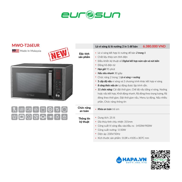 Lò Vi Sóng Có Nướng EUROSUN MWO-T26EUR 25L Để Bàn - Nhập Khẩu Malaysia