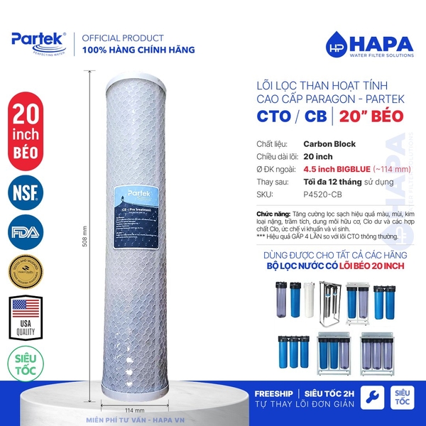 Lõi Lọc Nước 20 inch BigBlue (Béo) PARTEK CTO P4520-CB Carbon Block Than Hoạt Tính cao cấp
