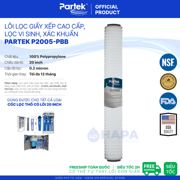 Lõi Lọc Giấy Xếp PARTEK / PARAGON P2005-PBB 20 INCH, 0.5 micron cao cấp