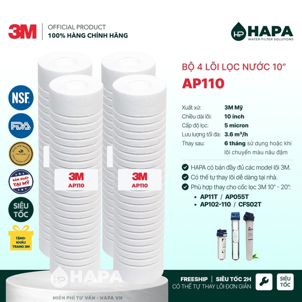Lõi Lọc Nước 3M AP110 10 inch - Lõi Lọc Thay Thế 3M™ Aqua-Pure™ AP11T, AP055T, AP102T-110 / Cốc 10" - Nhập khẩu Mỹ, Hàng Chính Hãng