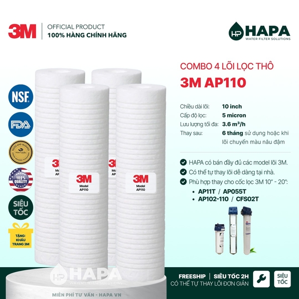 Lõi Lọc Nước 3M™ Aqua-Pure™ AP110 10 inch - Lõi Lọc Thay Thế 3M AP11T, AP055T, AP102T-110 / Cốc 10" - Nhập khẩu Mỹ