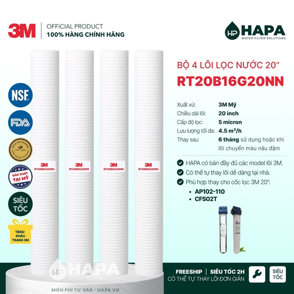 Lõi Lọc Thô 3M RT20B16G20NN 20 inch - Lõi Lọc Thay Thế 3M™ Aqua-Pure™ AP102T-110, CFS02T / Cốc 20" - Nhập khẩu Mỹ, Hàng Chính Hãng