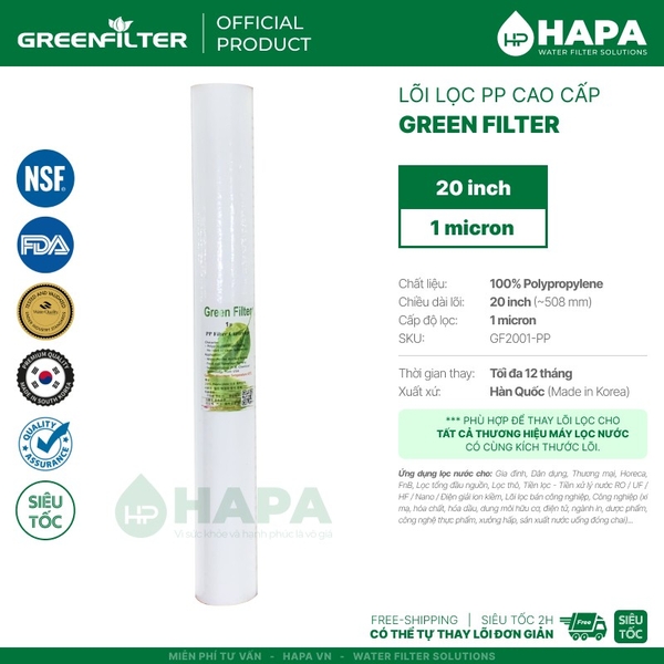 Lõi Lọc Nước Green Filter PP 20 inch 1 micron - Nhập khẩu Hàn Quốc