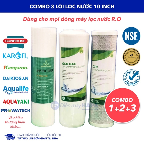 Bộ 3 Lõi Lọc Nước Số 1 2 3 Kích Thước 10" Dùng Cho Mọi Dòng Máy Lọc Nước R.O - Hàng Chất Lượng - 01