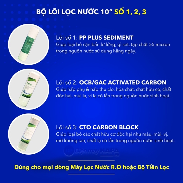Bộ 3 Lõi Lọc Nước Số 1 2 3 Kích Thước 10" Dùng Cho Mọi Dòng Máy Lọc Nước R.O - Hàng Chất Lượng - 02
