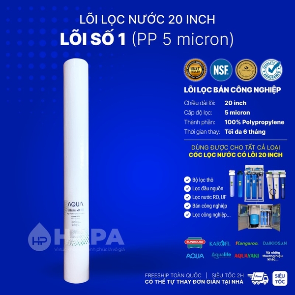 Bộ Lọc Thô 1 Cốc AQUAYAKI 20 inch - Xử lý cặn bẩn nước đầu vào, Bảo vệ lọc tinh, Hàng Chính Hãng