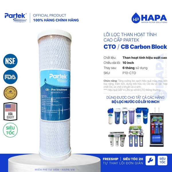 Lõi Lọc Than Hoạt Tính 10 inch PARTEK P10-CTO Carbon Block Cao Cấp - Hàng Chính Hãng