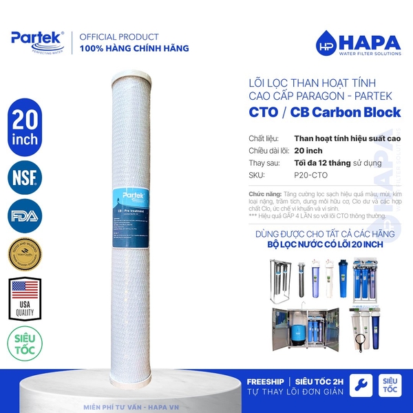 Lõi Lọc Than Hoạt Tính 20 inch PARTEK P20-CTO CB2520 Carbon Block Cao Cấp - Hàng Chính Hãng