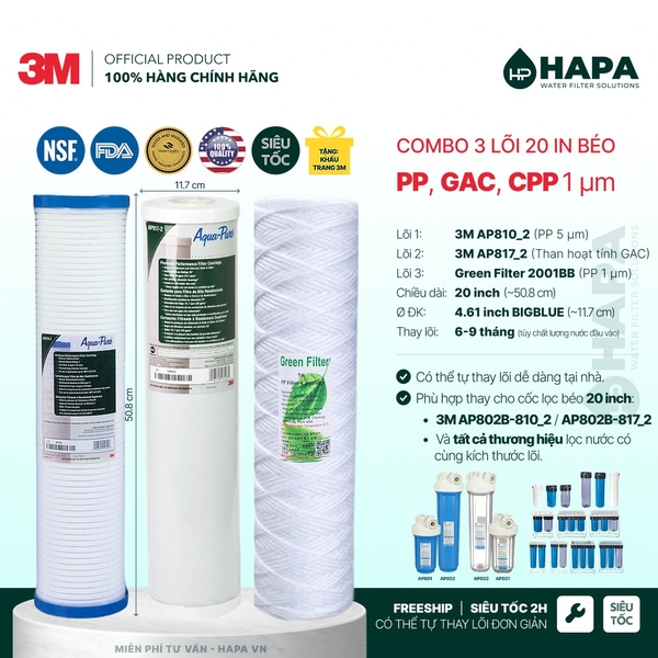 Lõi Lọc Thô Đầu Nguồn 20 inch Big Blue – Lõi Lọc Béo Số 1, 2, 3 Thay Thế 3M và Các Hãng Khác