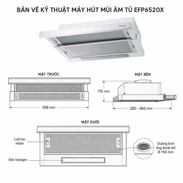Máy Hút Mùi Âm Tủ Electrolux EFP6520X - 520 m³/h