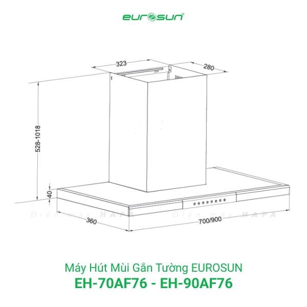 Máy Hút Mùi Áp Tường EUROSUN EH-70AF76 EH-90AF76 - Nhập Khẩu Malaysia