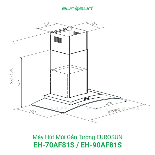Máy Hút Mùi Gắn Tường EUROSUN EH-70AF81S EH-90AF81S Công Suất 1000m³/h