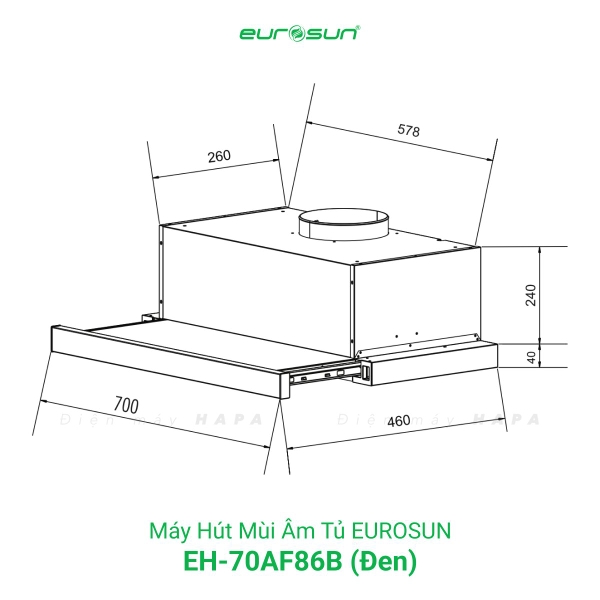 Máy Hút Mùi Âm Tủ EUROSUN EH-70AF86B, EH-70AF86W, Công Suất 950m³/h