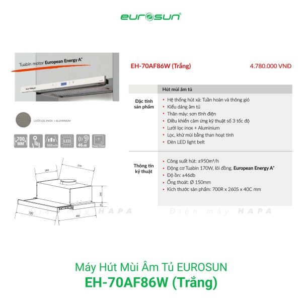 Máy Hút Mùi Âm Tủ EUROSUN EH-70AF86B, EH-70AF86W, Công Suất 950m³/h