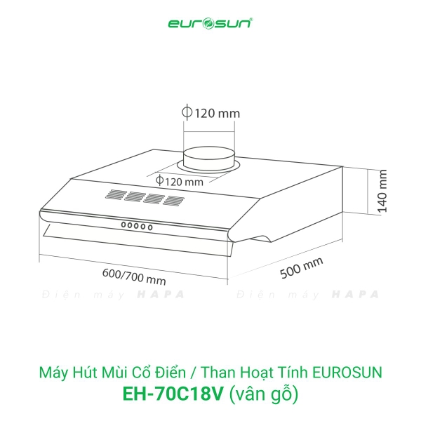 Máy Hút Mùi Than Hoạt Tính EUROSUN EH-70C18S, EH-70C18V, 650m³/h