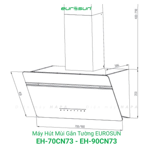 Máy Hút Mùi Kính Vát EUROSUN EH-70CN73 EH-90CN73 - Nhập Malaysia