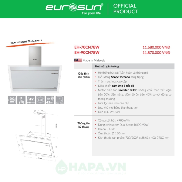 Máy Hút Mùi Kính Vát EUROSUN EH-70CN78W, EH-90CN78W Nhập Khẩu Malaysia