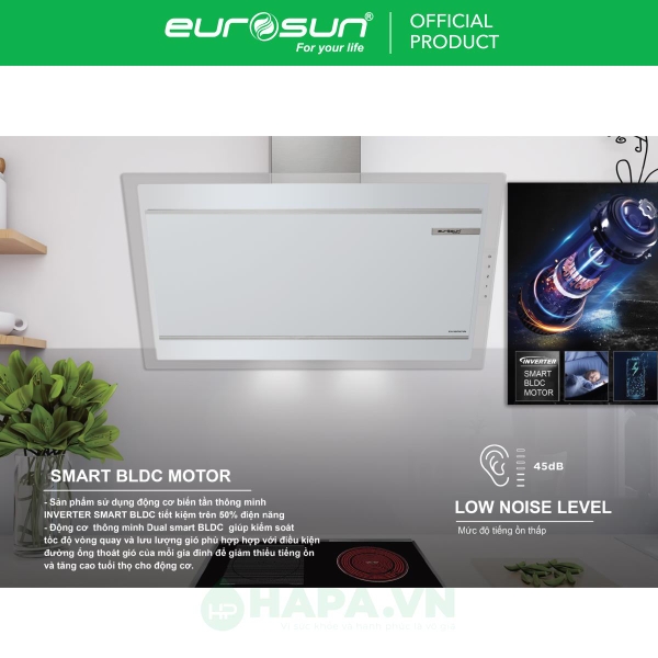 Máy Hút Mùi Kính Vát EUROSUN EH-70CN78W, EH-90CN78W Nhập Khẩu Malaysia